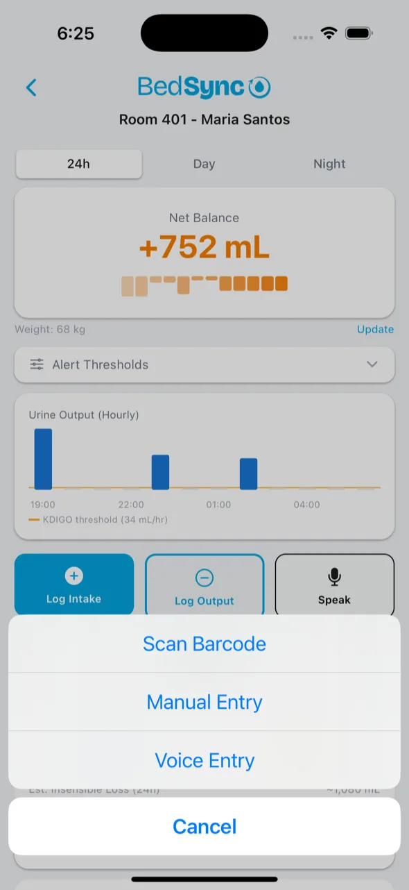 BedSync barcode scan and intake options action sheet